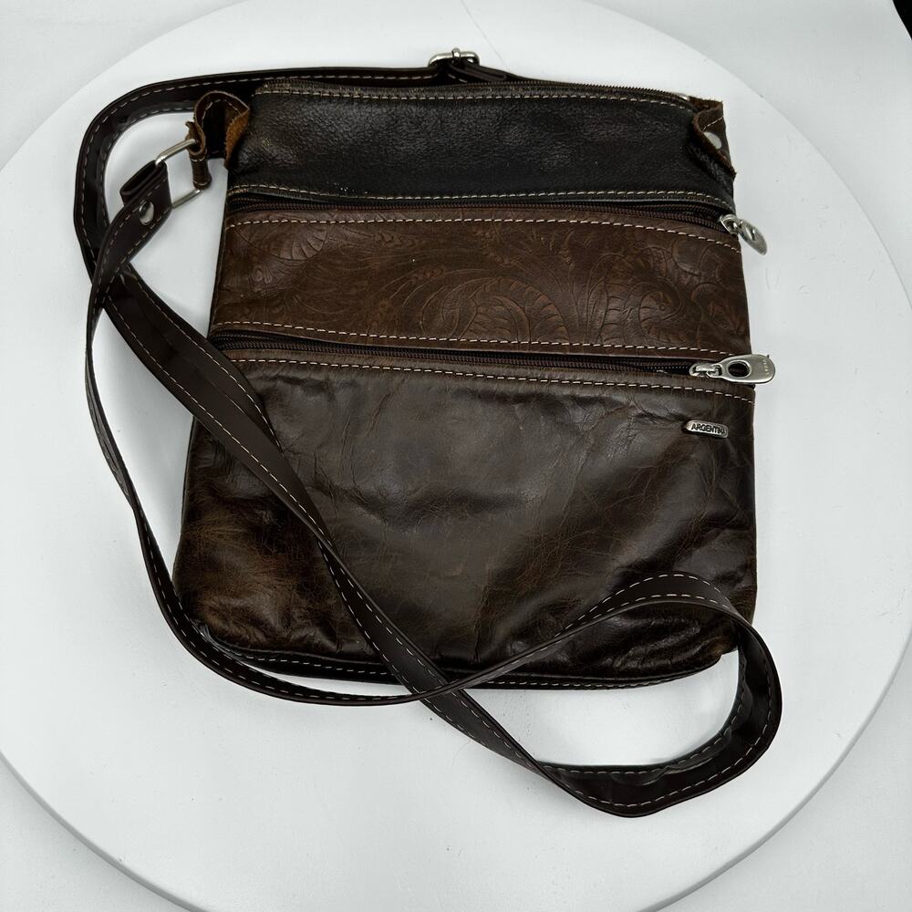 Brown Embossed Leather Zipper Pockets Medium Size Crossbody Purse Western